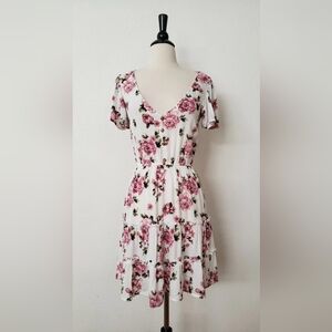 Floral V-Neck Dress - White and Pink